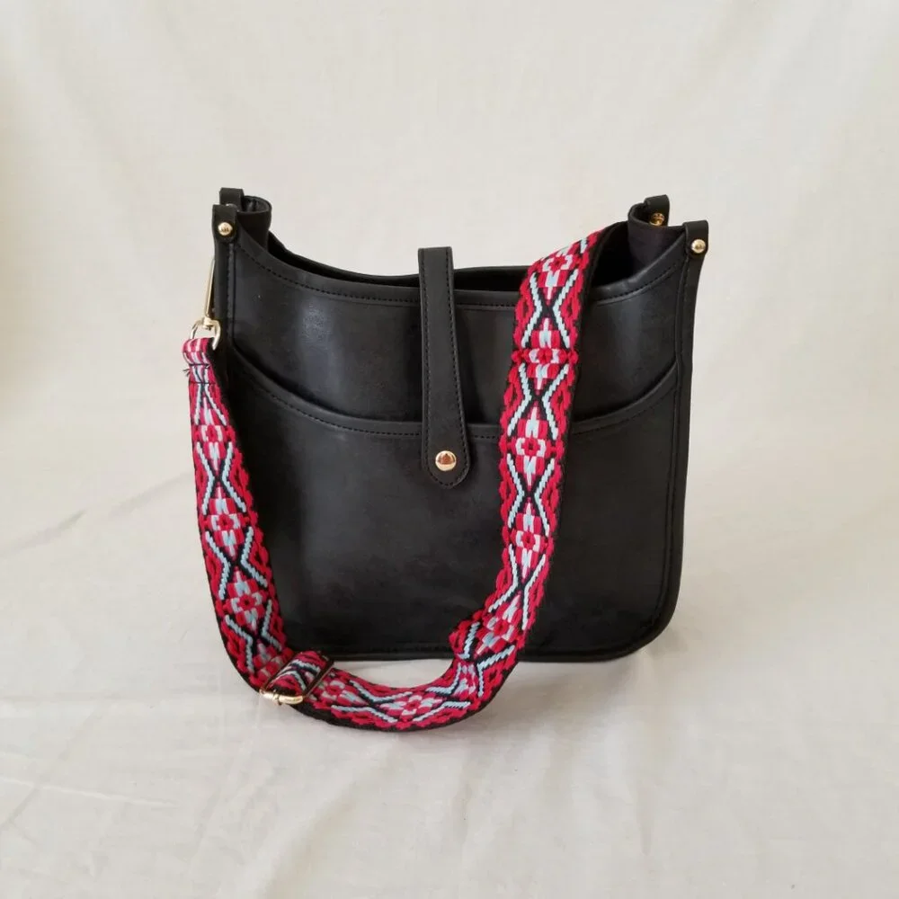 NWOT! Black Faux Leather Purse Shoulder Crossbody Bag with Embroidered Strap - Picture 1 of 12